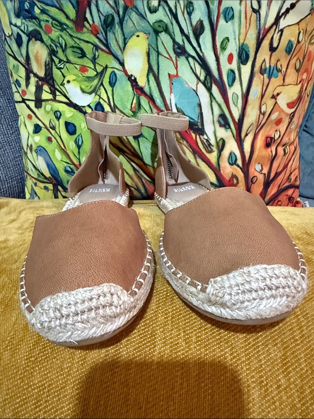 Eileen Fisher Tan Espadrille Ankle-Strap Flats with Natural Rope Trim